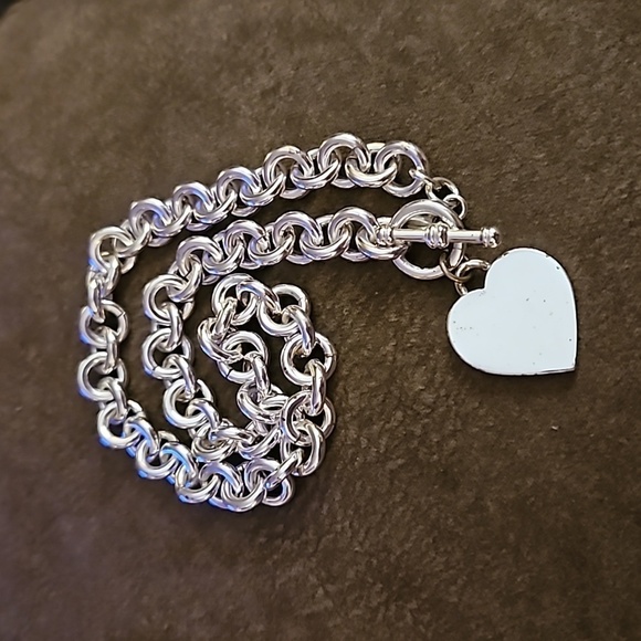VTG BEST 1990s Silvertone Chunky Rollo Chain Heart Toggle Necklace - Picture 5 of 6